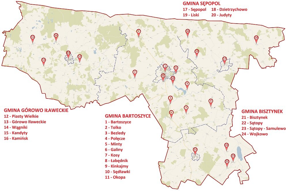 Mapa powiatu bartoszyckiego - kolportaż ulotek